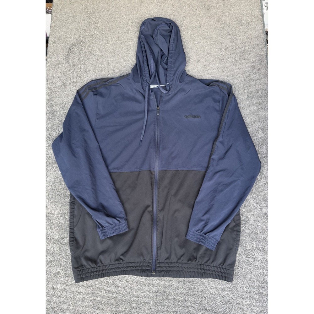 Adidas Mens Windbreaker Jacket Navy Blue Black Full Zip Hooded XL RN 88387